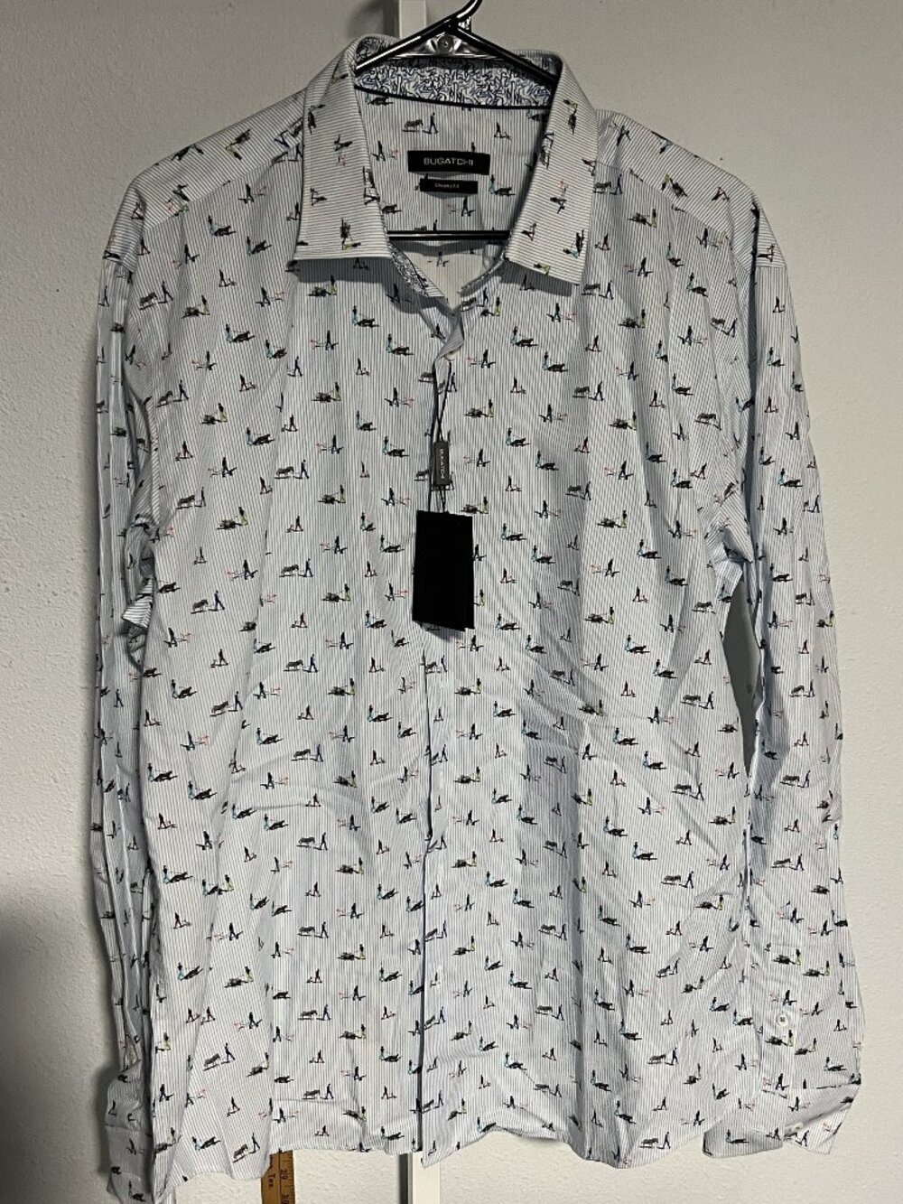 NWT Bugatchi Shaped-Fit All-Over Pet-Walking Print Long-Sleeve Button-Up SZ XL